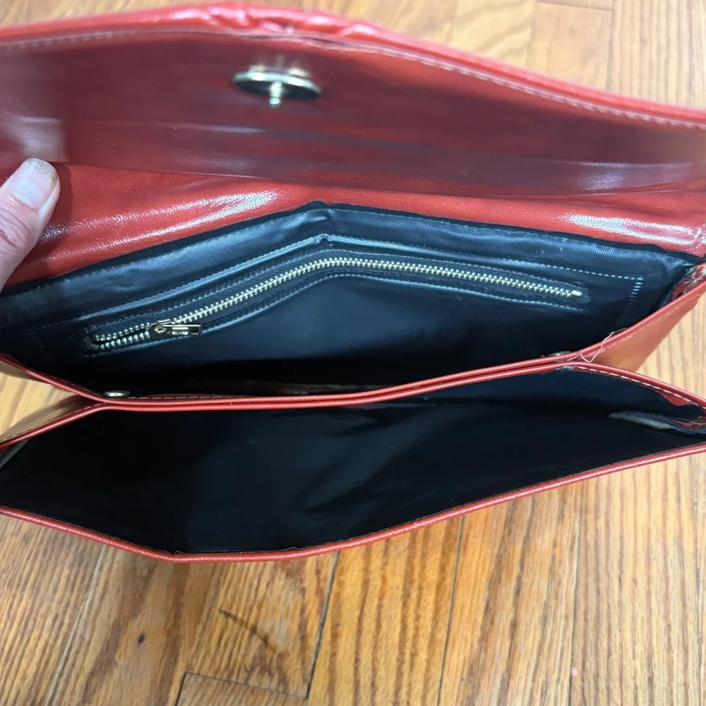 Vintage Leather Envelope Clutch Bag Pleated Sunburst Evening Handbag Orange